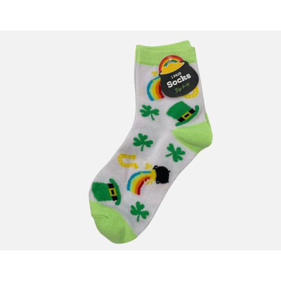 St. Patricks Day Themed Socks With Shamrock Leprechaun Hat & Rainbow Design - Picture 2 of 2